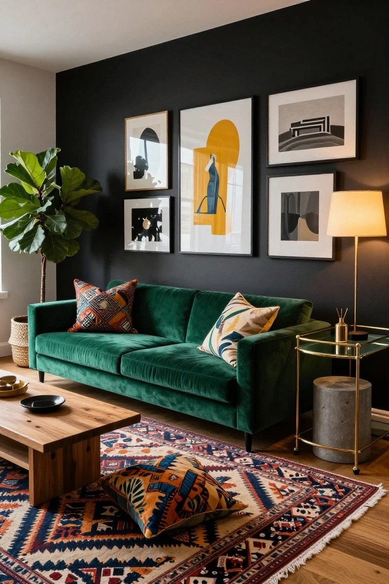 A living room with an emerald green velvet sofa against a black wall, flanked by abstract artworks, a large potted plant, wooden coffee table, gold side table, and colorful patterned rug on hardwood floors.