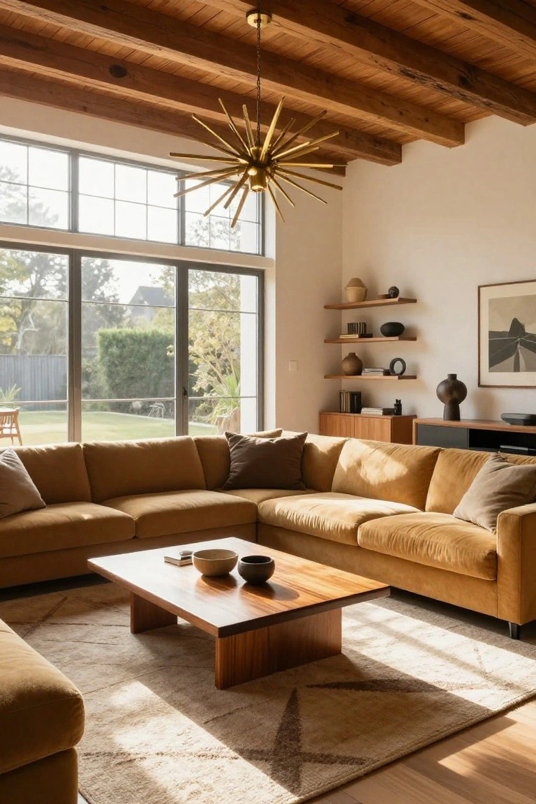 Sunlit living room with exposed wooden beam ceiling, mustard-toned L-shaped sofa, low wooden coffee table, floating wooden shelves holding ceramics and books, large sliding glass doors to backyard garden, and gold chandelier.