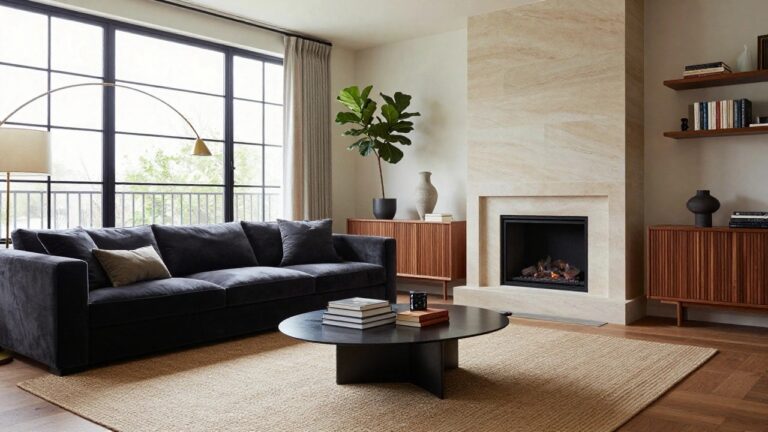 Spacious modern living room with beige stone fireplace lit by gas flames, dark gray velvet L-shaped sofa, low black oval coffee table with stacked books, tall potted ficus plant beside arched gold floor lamp, wood stool with vase, side table with lamp, large black-framed windows with gray curtains, and neutral rug.