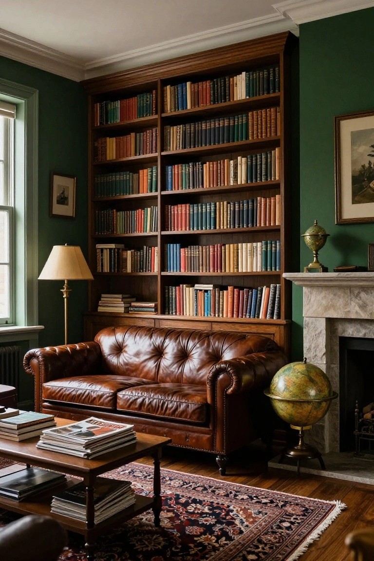 A living room featuring dark green walls, tall wooden bookshelves filled with multicolored books, a brown leather tufted sofa, a wooden coffee table with stacked magazines and books, a globe stand, a stone fireplace, and a fringed rug on hardwood floors.