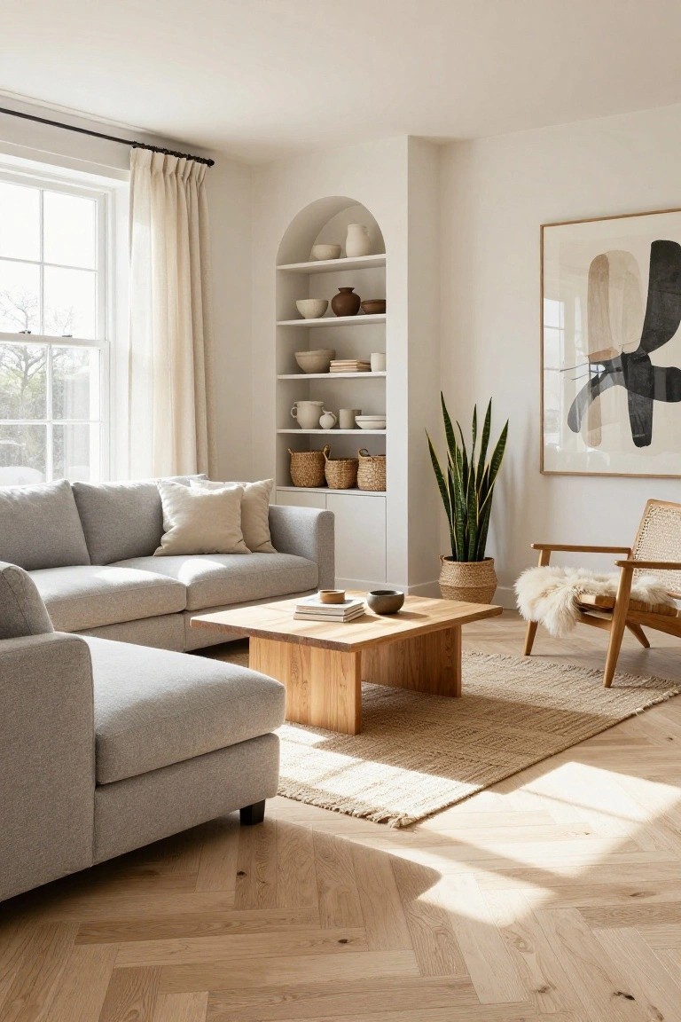 Sunlit living room with light gray L-shaped sofa, low rectangular wooden coffee table, arched white built-in shelving unit holding ceramics and baskets, tall snake plant in woven pot, rattan armchair with sheepskin throw, beige seagrass rug, and herringbone-patterned light oak floors.