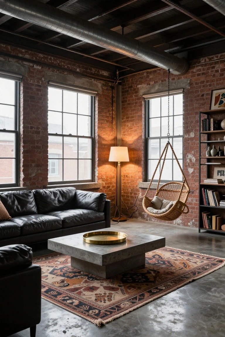 Spacious living room featuring exposed red brick walls, polished concrete floor, black leather sofa, rattan hanging chair, brass tray on concrete coffee table, and large industrial windows.