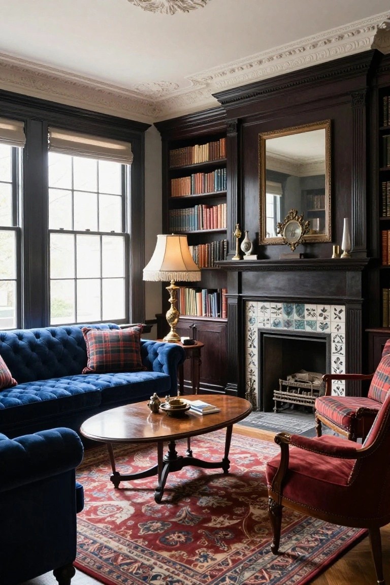 A living room corner with dark wood paneled walls and built-in bookshelves flanking a fireplace with blue and white tiled surround, blue tufted sofa with plaid pillows, oval wooden coffee table, red upholstered armchair, and red Persian rug.