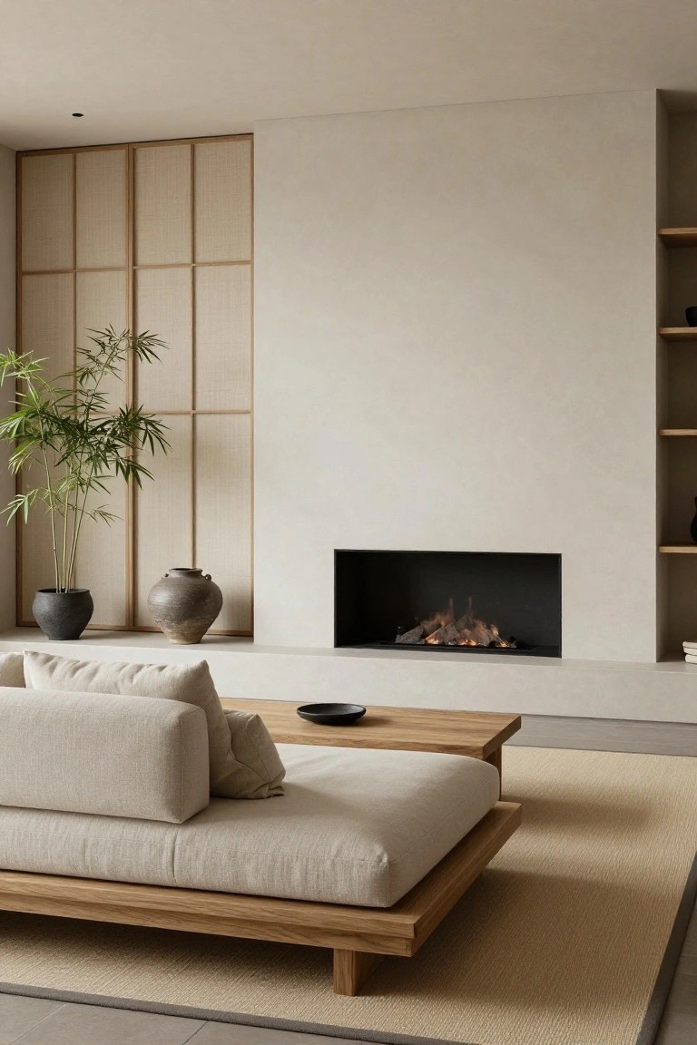 A minimalist living room with a low beige platform sofa, wooden coffee table, gas fireplace, shoji screens, potted bamboo plant, and ceramic vases on beige carpet.