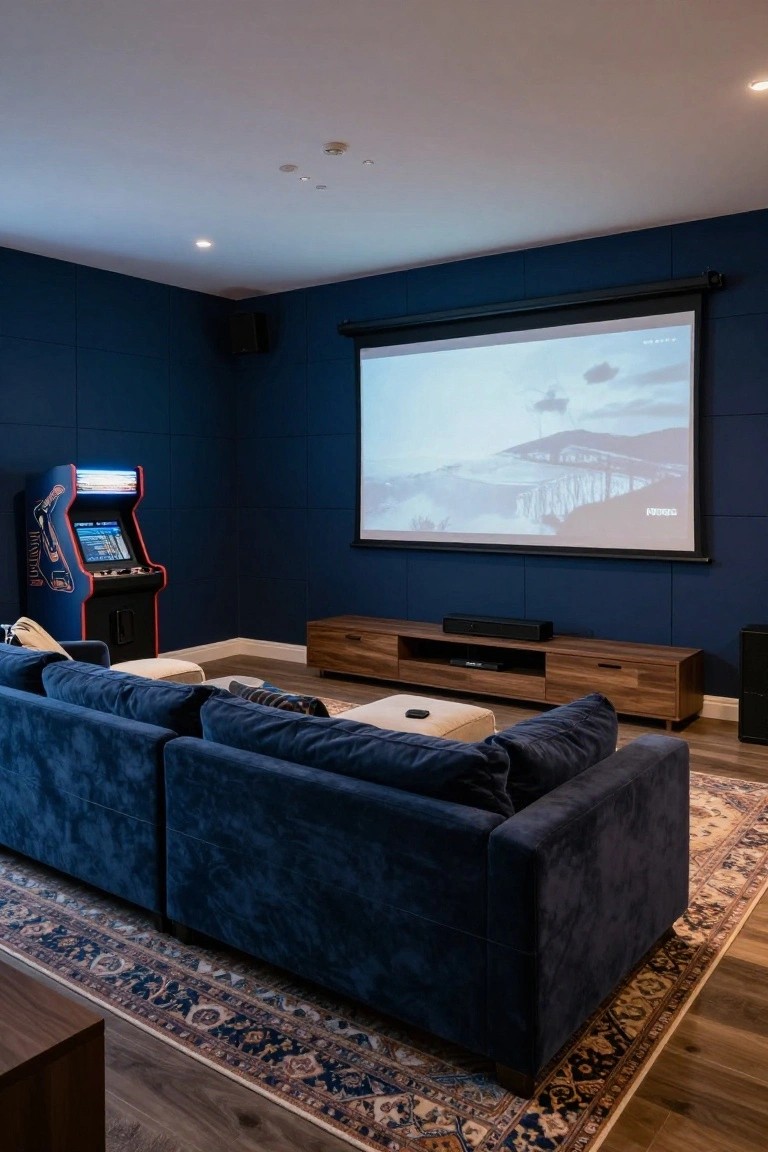 A home media room with navy blue paneled walls, large projector screen showing a cloudy landscape, blue velvet L-shaped sofa, wooden media console with soundbar, subwoofer speakers, ottoman, retro arcade machine, and patterned rug on wood floor.