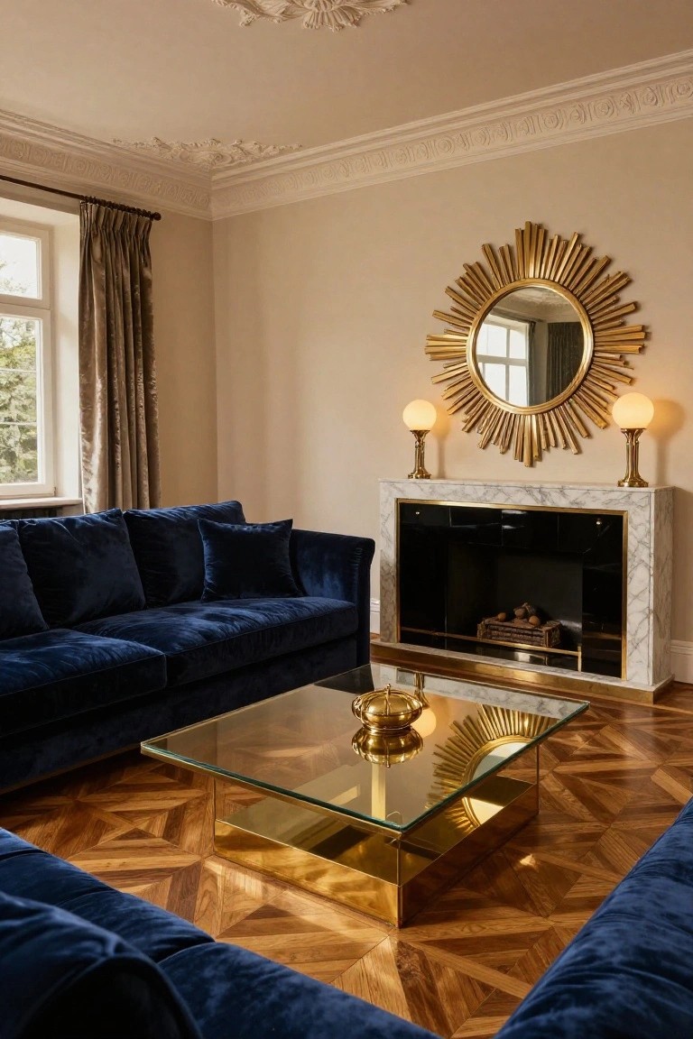 Large living room with navy blue velvet L-shaped sectional sofa, gold sunburst mirror over marble fireplace with brass trim, glass and brass coffee table, and parquet wood floor.