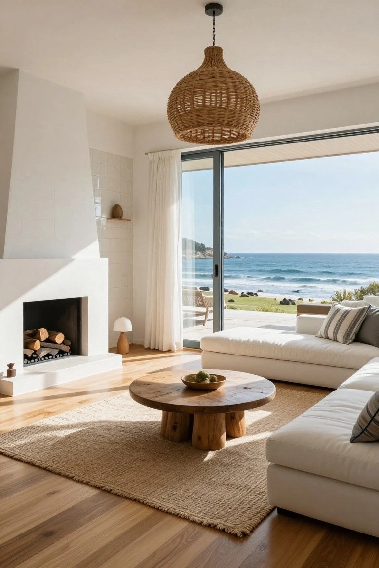 A light-filled living room with white walls, brick fireplace, wooden coffee table, white sofa, seagrass rug, and large sliding glass doors open to a grassy lawn, rocks, and ocean view.