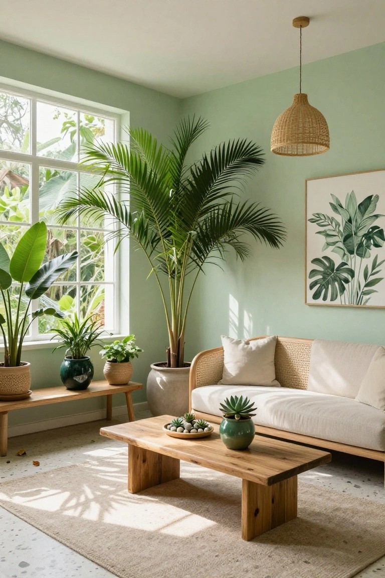 A sunlit living room featuring pale green walls, several large potted tropical plants including palms and bird of paradise near a window with outdoor greenery visible, a rattan sofa with white cushions, wooden coffee table, and beige rug on a terrazzo floor.