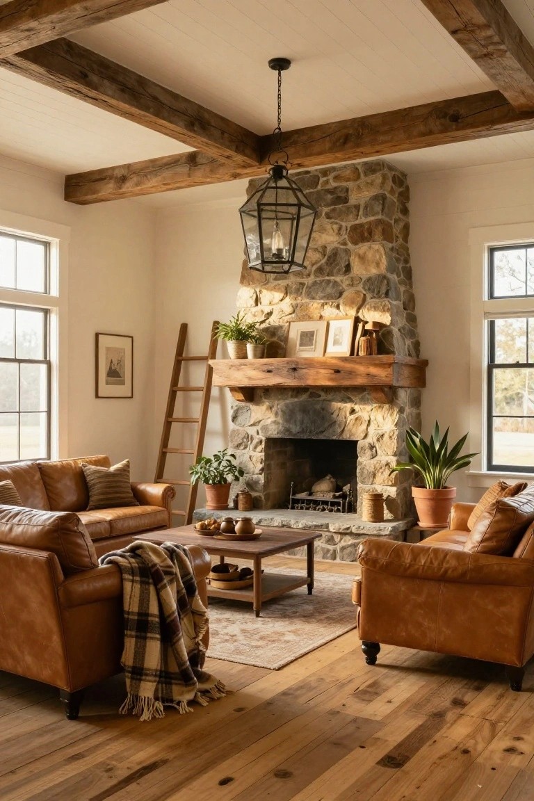 Spacious living room with white ceiling featuring dark exposed wood beams, large stone fireplace with wood mantel, two tan leather sofas and armchairs around a wood coffee table, plants, ladder, and windows on wooden floors.