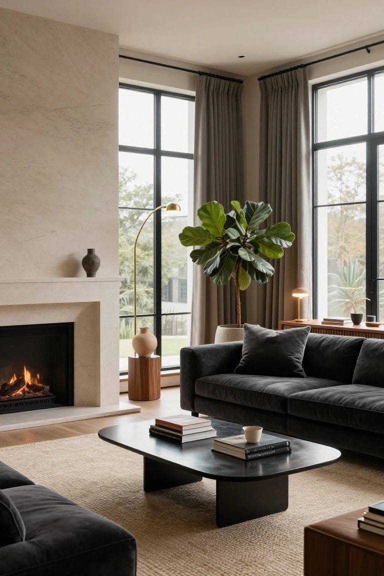 Spacious modern living room with beige stone fireplace lit by gas flames, dark gray velvet L-shaped sofa, low black oval coffee table with stacked books, tall potted ficus plant beside arched gold floor lamp, wood stool with vase, side table with lamp, large black-framed windows with gray curtains, and neutral rug.