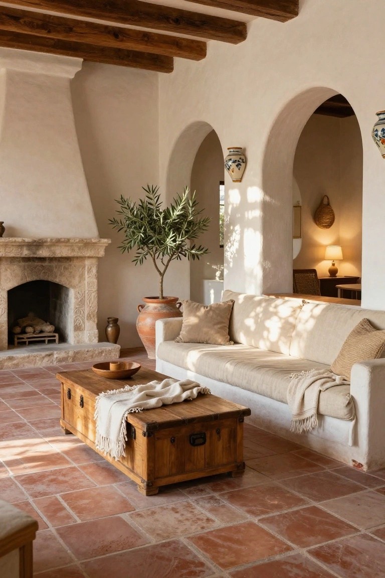 A spacious living room with terracotta tile floors, beige linen sofa with pillows and throw, wooden trunk coffee table, stone fireplace, potted olive tree, white stucco walls, exposed wooden beams, and arched doorways.