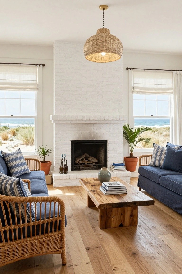 Living room with white brick fireplace centered between two large windows showing beach dunes and ocean, navy blue sofas and rattan chairs with striped pillows, wooden coffee table, potted plants, and woven pendant light.