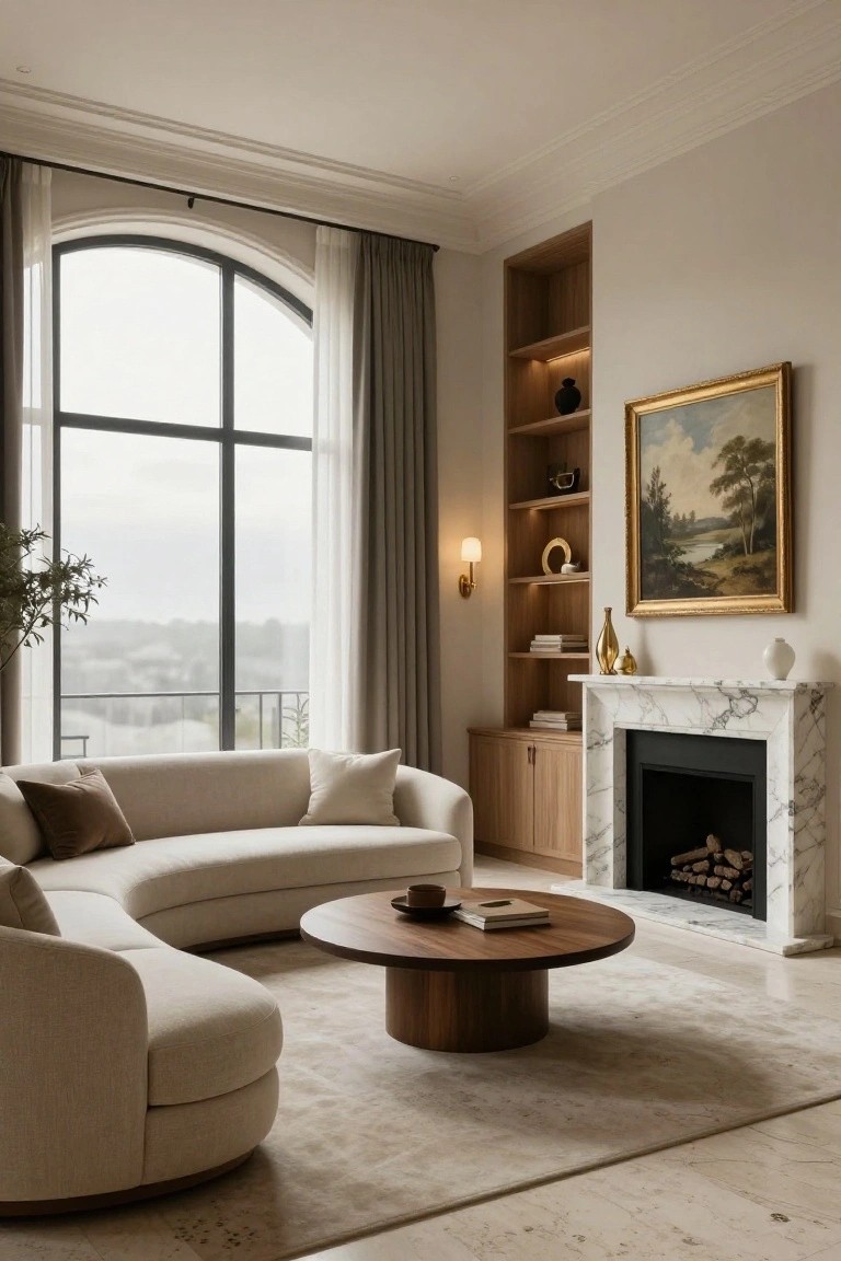 A light beige curved sofa sits in front of a round wooden coffee table facing a white marble fireplace flanked by wooden built-in open shelves and cabinets in a living room with large arched windows and sheer curtains.