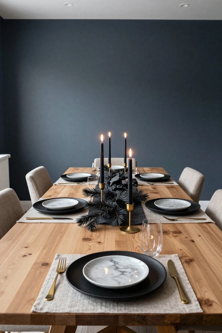 Dining table set for Christmas with black taper candles, dark spruce greenery, black plates topped with white marble plates, gold flatware and linen placemats on beige linen runners, cream upholstered chairs, and navy blue walls.