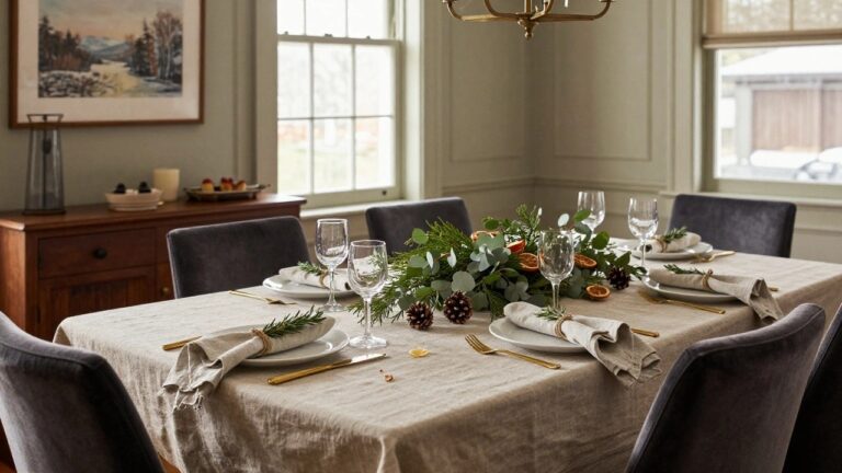23 Linen Christmas Table Setting Ideas That Feel Effortlessly Refined Dining table in a beige room set for Christmas dinner on a beige linen tablecloth with gold flatware, white plates, wine glasses, gray velvet chairs, wooden sideboard, chandelier, and winter painting on wall; centerpiece features pine branches, eucalyptus, dried oranges, and pinecone.