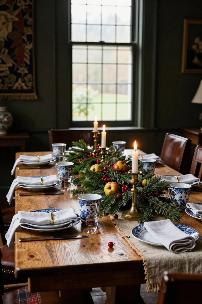 Wooden dining table set for Christmas with white linen napkins banded in gold on blue and white plates, a greenery garland with apples and berries as centerpiece, brass candlesticks, and leather chairs in a dark green room.