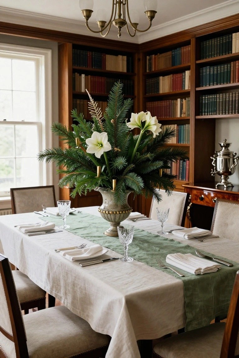 Wood-paneled library dining room with a rectangular table covered in white linen cloth and green runner, set with white napkins, crystal glassware, silverware, and a pedestal urn centerpiece of fir branches, white amaryllis flowers, and gold candles, flanked by upholstered chairs and surrounded by bookshelves.