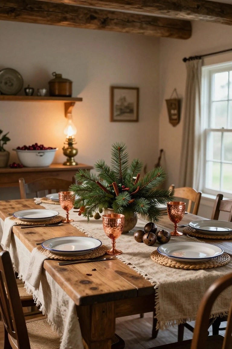 Rustic wooden table set with copper goblets, white plates, and pine centerpiece.