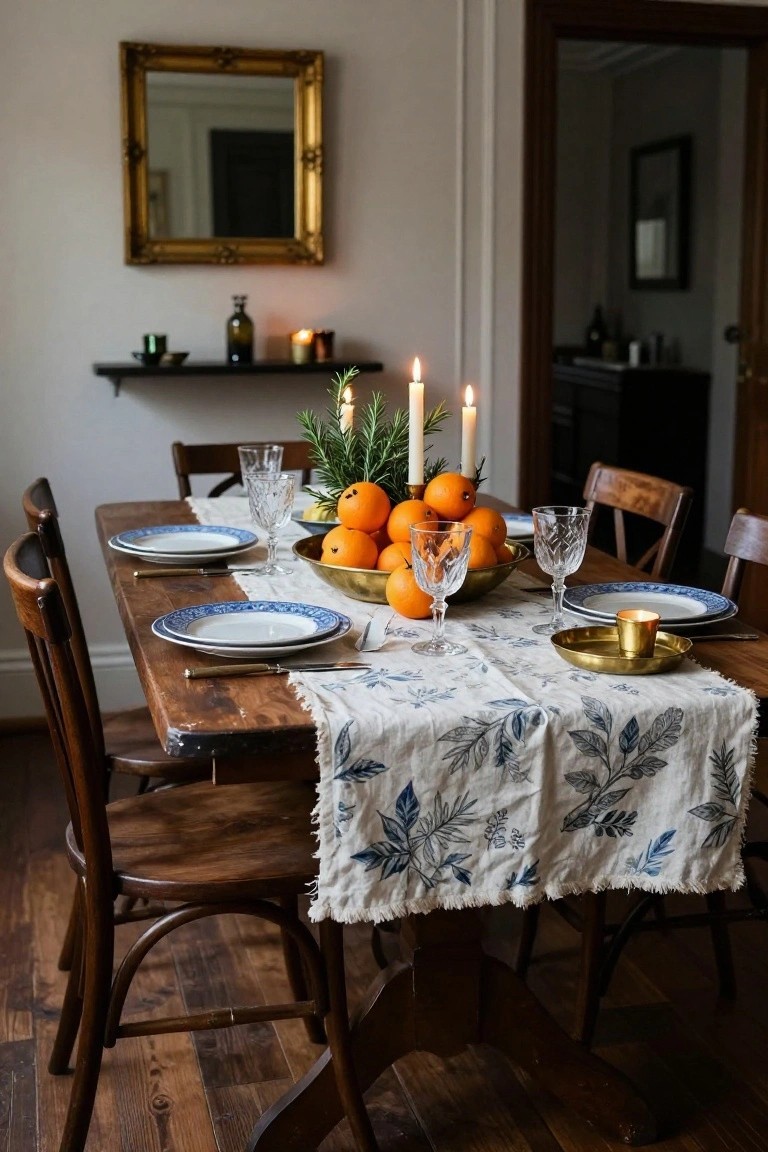 Wooden dining table in a light-filled room set with a blue and white leaf-print linen runner, brass bowl filled with oranges and rosemary sprigs, blue plates, crystal glasses, brass candle holders, and wooden chairs.