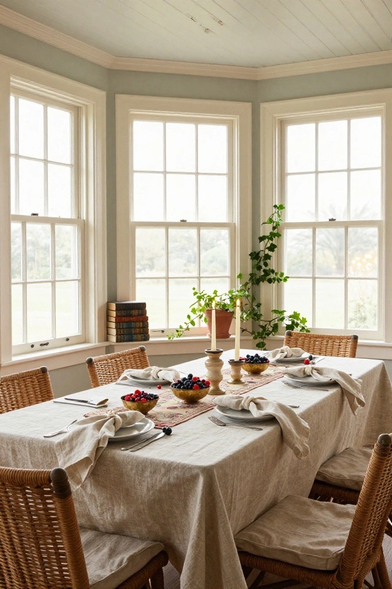 Sunroom dining table covered in beige linen with brass bowls of mixed berries, gold-accented dishes, candles, white plates, cloth napkins, and rattan chairs, surrounded by large white-framed windows overlooking greenery.
