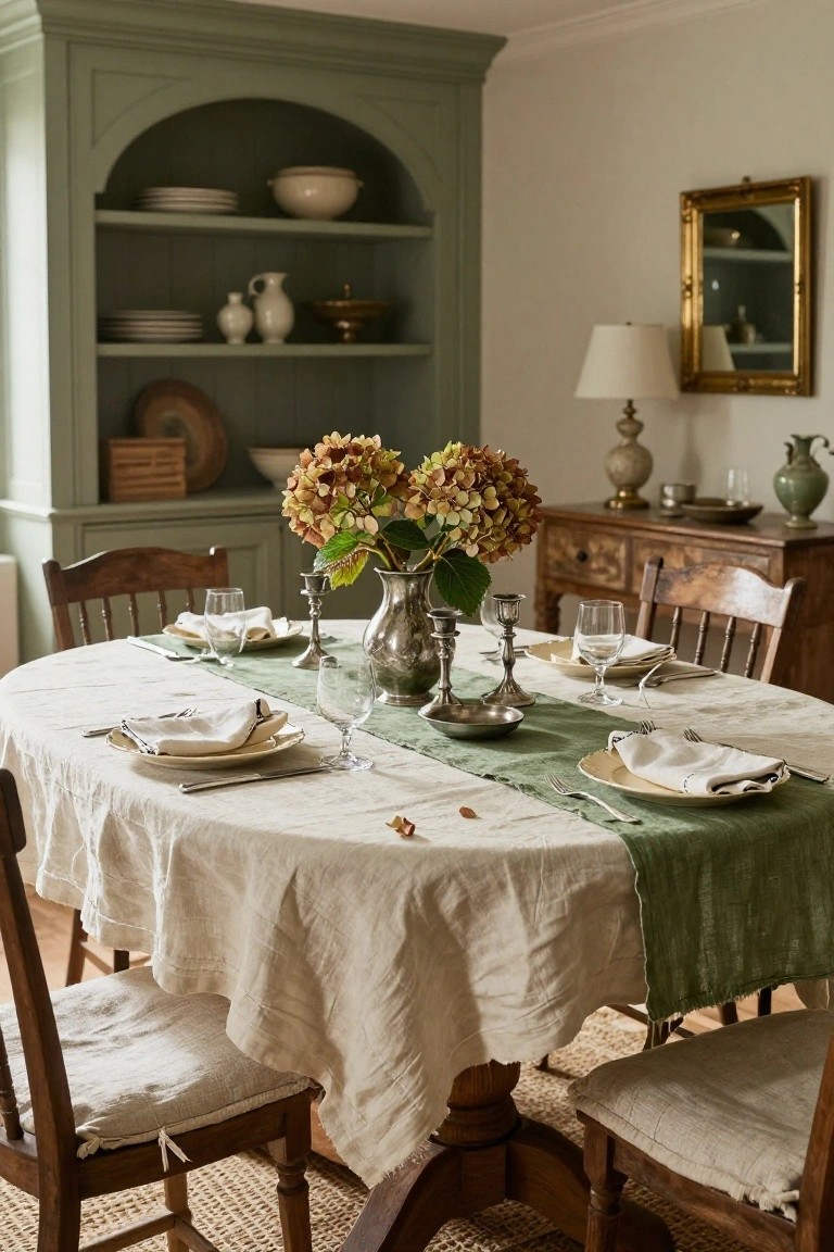 Round wooden dining table in a sage green cabinet-lined room, covered with white linen tablecloth and green runner, set with white plates, glassware, silver candlesticks, and hydrangea bouquet in silver vase.