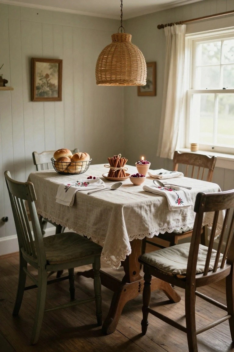 Sage green paneled dining nook with wicker pendant light over wooden table draped in white linen cloth, embroidered napkins, bread basket, cinnamon sticks, berries, and small cake on plates.