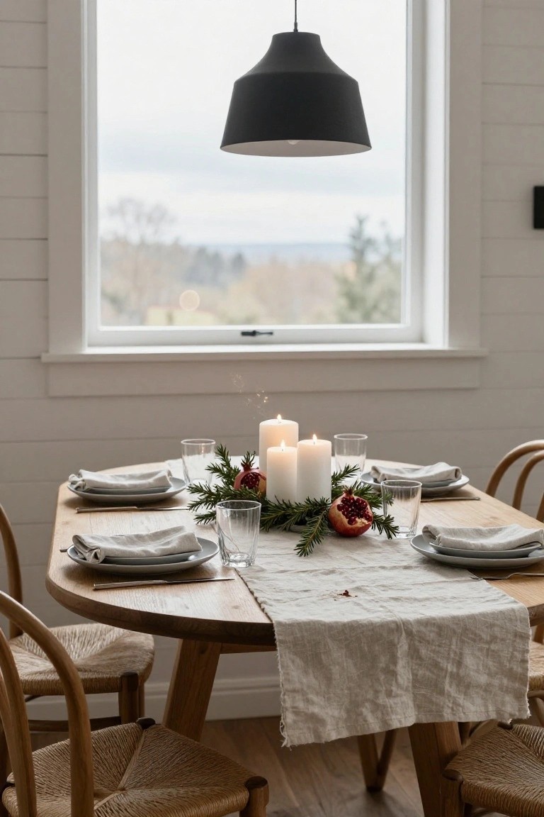 Wooden round dining table in a white shiplap-walled room, set with beige linen runner and napkins, white plates, glassware, white pillar candles, spruce branches, and pomegranates under a black pendant light by a large window.