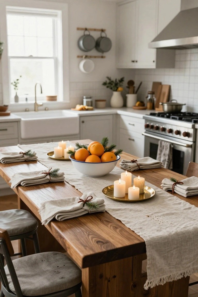 Kitchen dining table on wooden base with beige linen runner, folded linen napkins tied with pine twigs, white bowl filled with oranges and pine sprigs, lit white pillar candles on brass trays, wooden chairs with gray cushions, white cabinets, farmhouse sink, and stainless steel range in background.