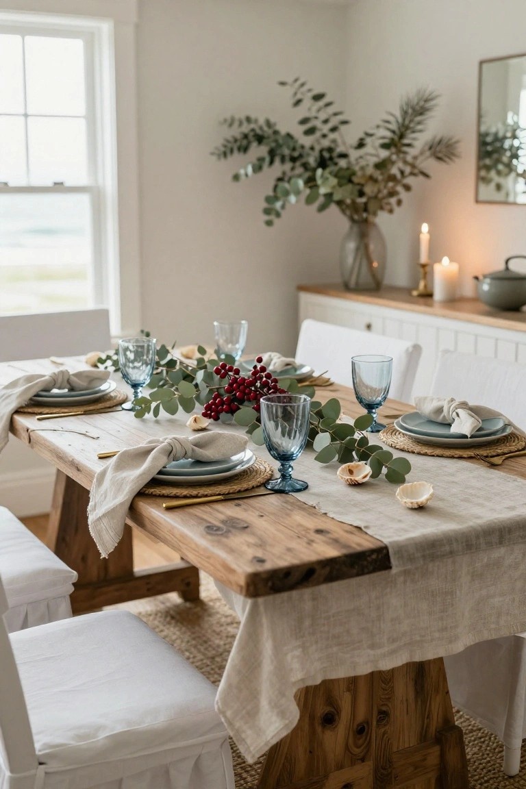 Rustic wooden dining table in a white-walled room set with a beige linen runner, eucalyptus branches, red berries, seashells, blue glassware, white plates on woven placemats, and white skirted chairs.