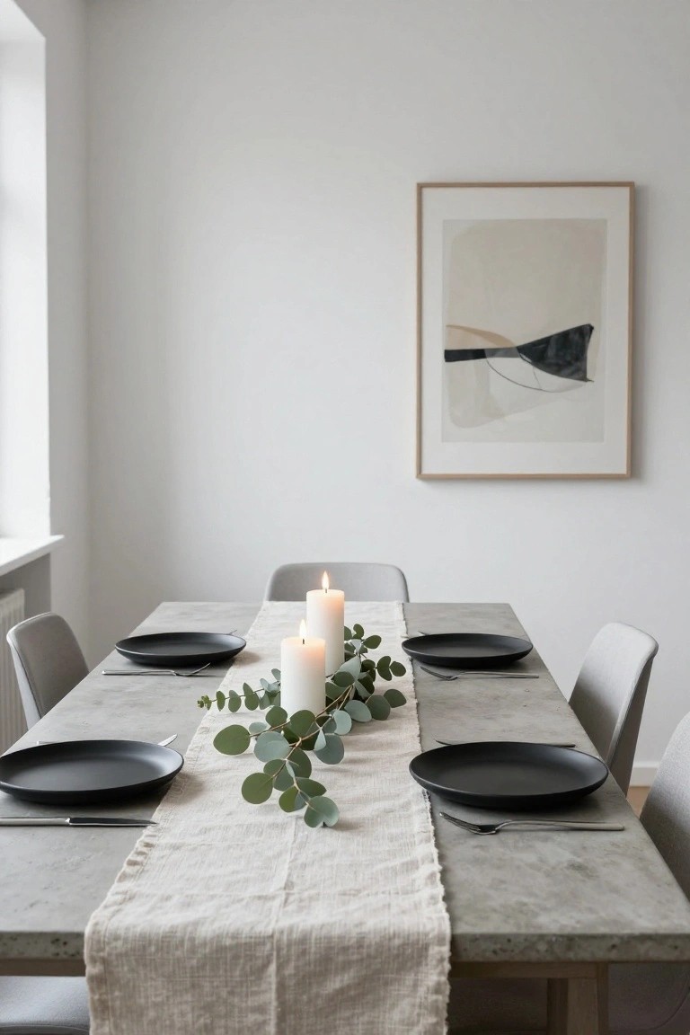 A rectangular concrete dining table in a white room, set with four black plates, silverware, a beige linen runner, eucalyptus branches, and three white pillar candles, flanked by gray upholstered chairs.