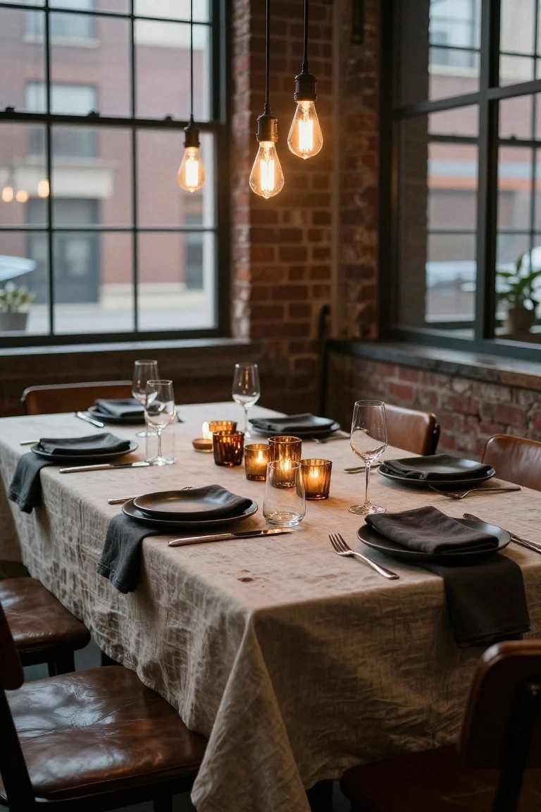 Dining table covered in beige linen cloth with black napkins, matte black plates, wine glasses, and amber candles in an industrial room featuring exposed brick walls, wooden chairs, and pendant lights over large windows.