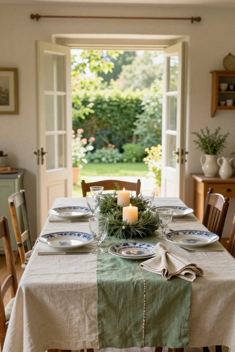 Dining room table set with white linen tablecloth divided by green runner, blue and white plates, evergreen garland wreath holding three pillar candles, wine glasses, wooden chairs, and open French doors revealing garden view.