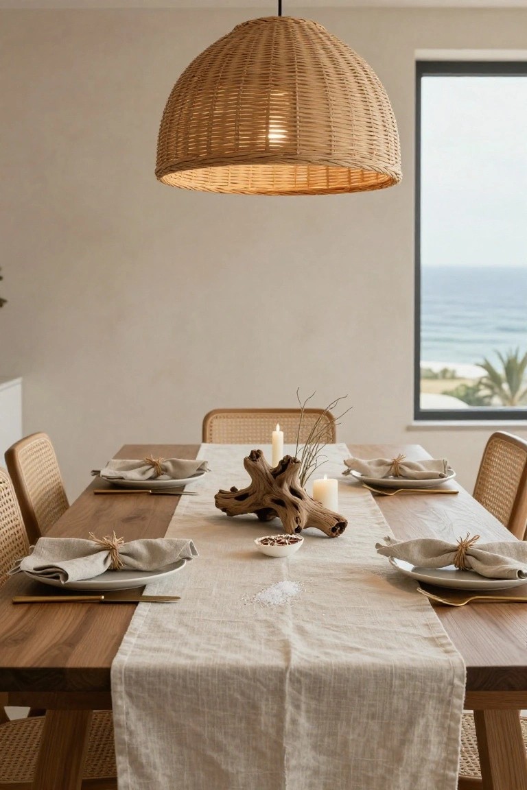 Wooden dining table with rattan chairs, set with white plates, linen napkins tied with twine, gold flatware, linen runner, driftwood and branches centerpiece with candles and a shell bowl, under a woven pendant light, large window showing ocean view.