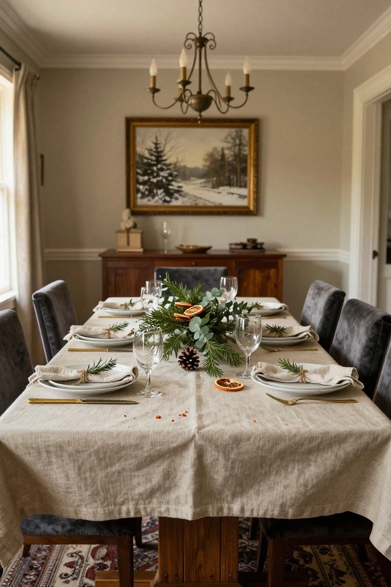 Dining table in a beige room set for Christmas dinner on a beige linen tablecloth with gold flatware, white plates, wine glasses, gray velvet chairs, wooden sideboard, chandelier, and winter painting on wall; centerpiece features pine branches, eucalyptus, dried oranges, and pinecone.