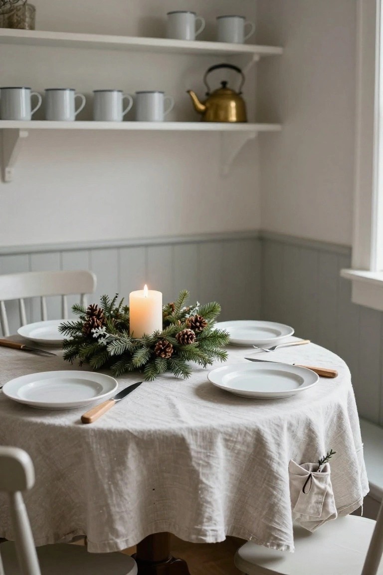 Round table in a light gray and white dining nook set for four with white plates, wooden-handled cutlery, central beige pillar candle encircled by pine branches and pinecones on a white linen tablecloth, shelves with mugs and teapot above.