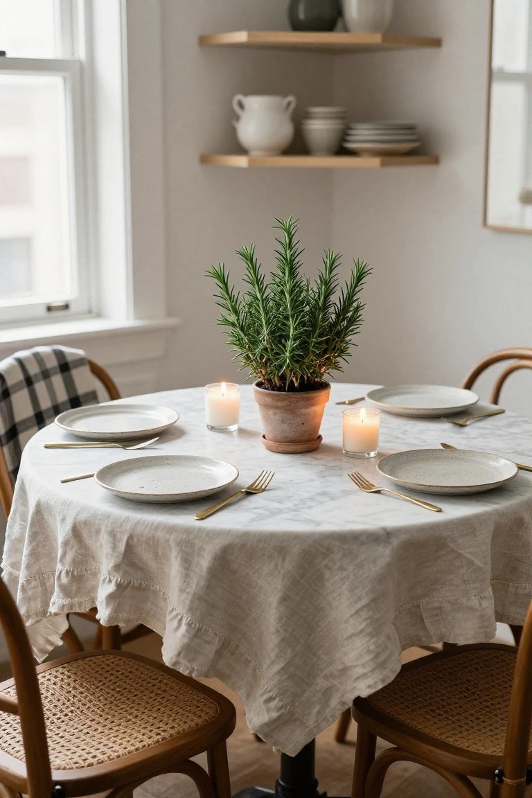Round marble dining table draped in white ruffled linen tablecloth, set with white ceramic plates, gold flatware, two candles, and central potted rosemary plant, with rattan chairs and indoor greenery nearby.