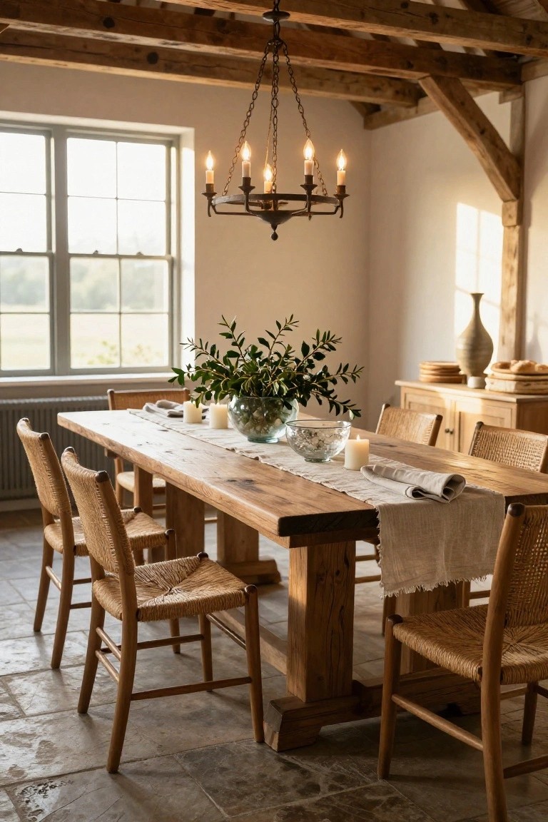 Rustic wooden dining table in a beamed room with white linen runner, pillar candles, glass bowl of greenery, rattan chairs, wooden sideboard, and iron chandelier.