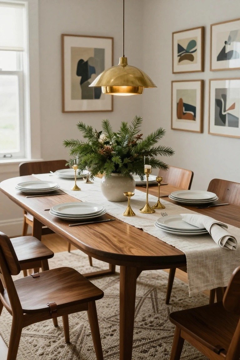 Oval wooden dining table set for Christmas with a beige linen runner down the center, stacked white plates and napkins at place settings, gold candlesticks, and a central terracotta pot of evergreen branches, surrounded by wooden chairs in a light room with wall art.