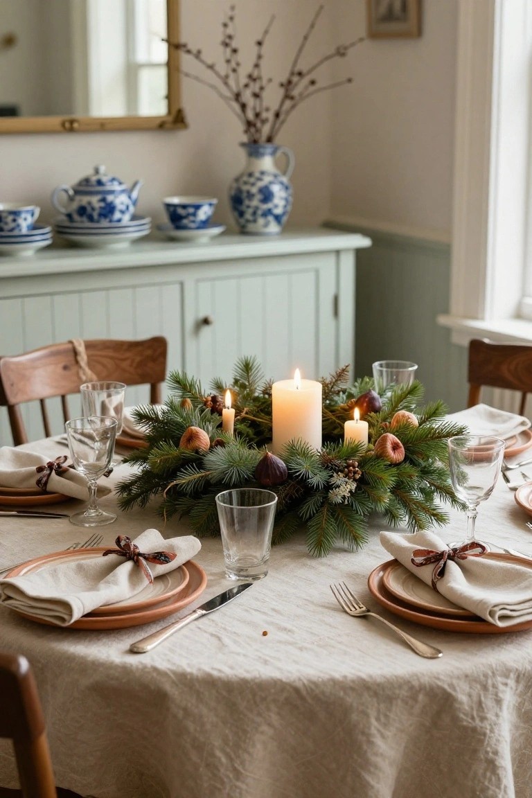 Dining table with circular pine wreath centerpiece holding white candles, apples, figs, pinecones, and berries on beige linen tablecloth, flanked by wooden chairs, terracotta plates, glassware, and napkins tied with ribbons.