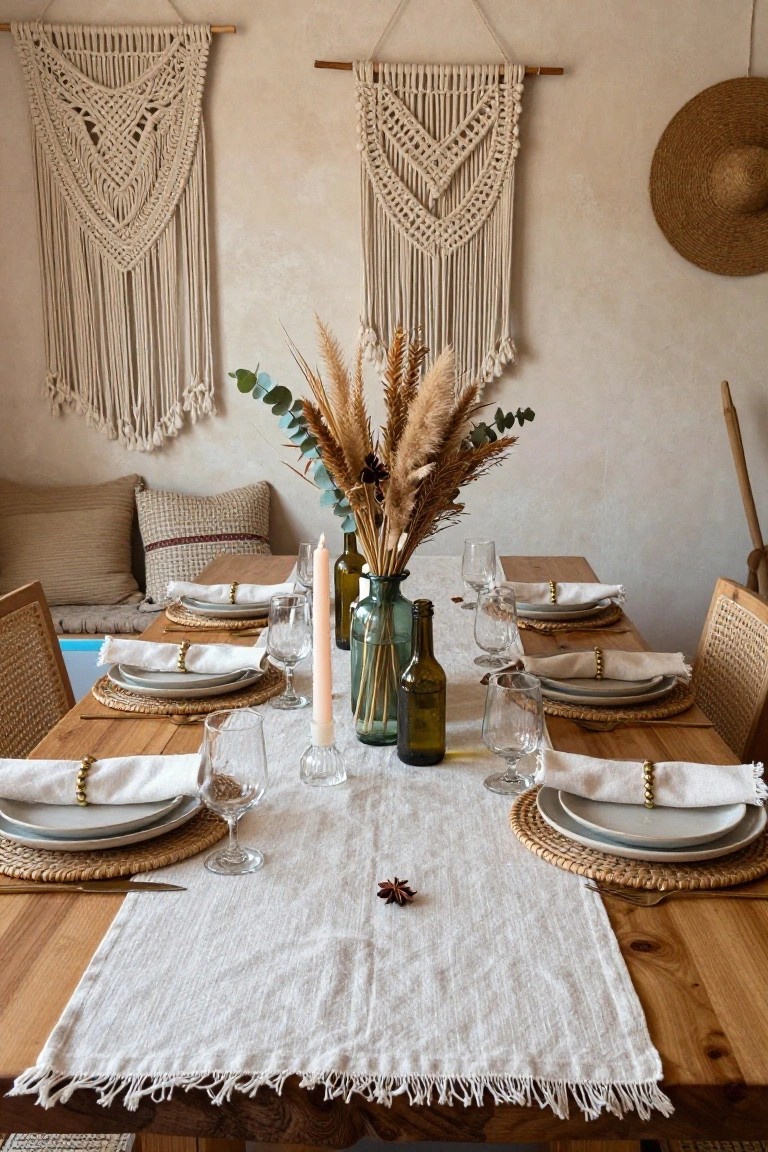 Dining table with white fringed linen runner centered on wooden surface, set with white plates on woven placemats, glasses, candles, green bottles, and bouquet of dried pampas grass and eucalyptus, macrame wall hangings in background.