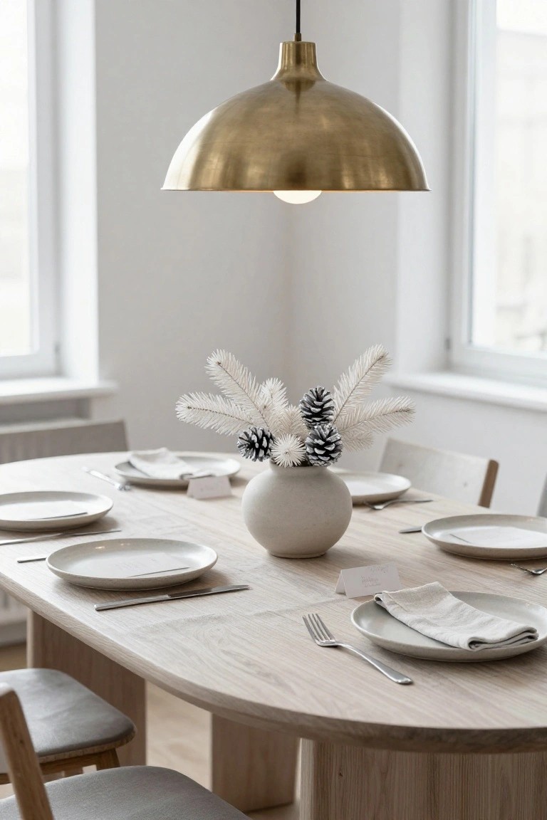 Oval light wood dining table set with white plates, silverware, linen napkins, place cards, and a gray ceramic vase of white pinecones and feathers as centerpiece, under brass pendant light in white room with large windows.