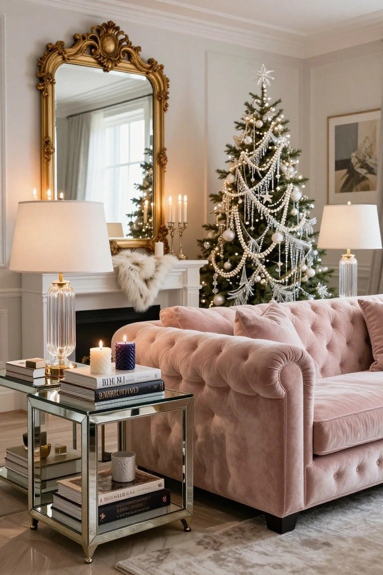 Living room with blush pink velvet tufted sofa next to glass coffee tables holding books and candles, white Christmas tree with pearl garlands by fireplace, ornate gold mirror on wall, and two white lamps.