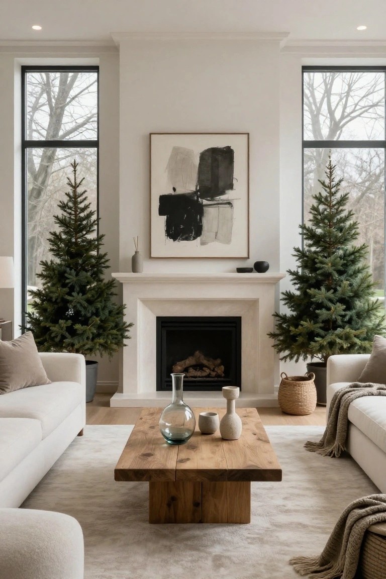 Modern living room with white sofas, wooden coffee table, and fireplace flanked by Christmas trees.