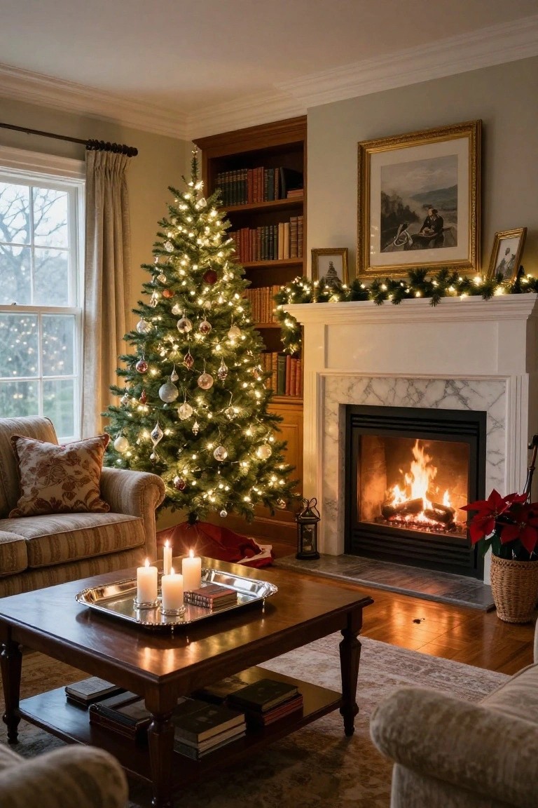 A living room with a lit Christmas tree beside a white marble fireplace burning wood, pillar candles on a wooden coffee table with books, bookshelves, upholstered armchairs, and poinsettia plant.