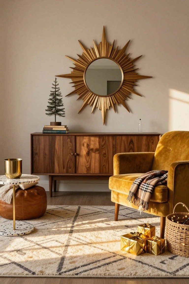 Living room corner with gold sunburst mirror above wooden credenza holding books and small potted Christmas tree, mustard velvet armchair draped in plaid throw, gold-wrapped gifts on patterned rug, brass cup on side table, and woven basket with lights.