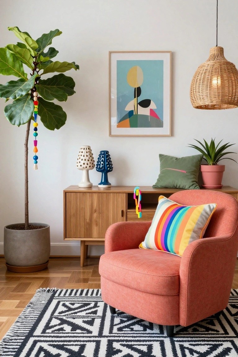 Living room corner with pink-orange upholstered armchair and rainbow-striped pillow on a black-and-white patterned rug, large fiddle leaf fig in gray pot, wooden credenza with white and blue mushroom lamps, abstract geometric art print, rattan pendant lamp, green pillow, and small potted plant.