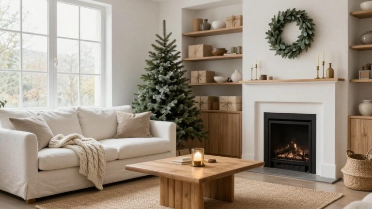 White living room corner with a lit artificial evergreen Christmas tree in a woven basket next to a gas fireplace, neutral sofa with throw blanket, wood coffee table, and two lit candles on the floor.