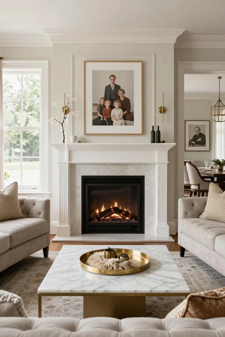 A beige living room with a white marble fireplace, lit gas fire, large family portrait above the mantel, two cream tufted sofas facing each other, and a white marble coffee table centered between them holding a gold tray with a fur piece, candles, and small objects.