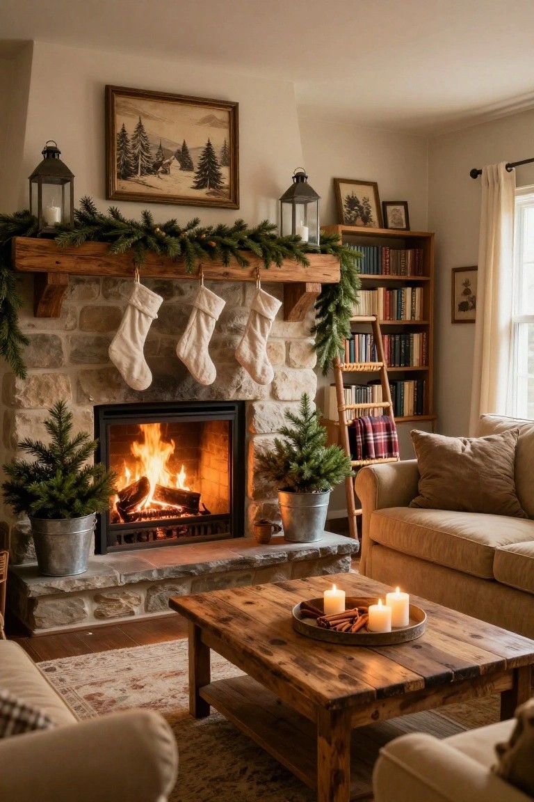 Cozy living room featuring a stone fireplace with evergreen garland and white stockings on a wooden mantel, small potted Christmas trees on each side, candles on a wooden coffee table, beige sofa, bookshelves, and warm lighting.