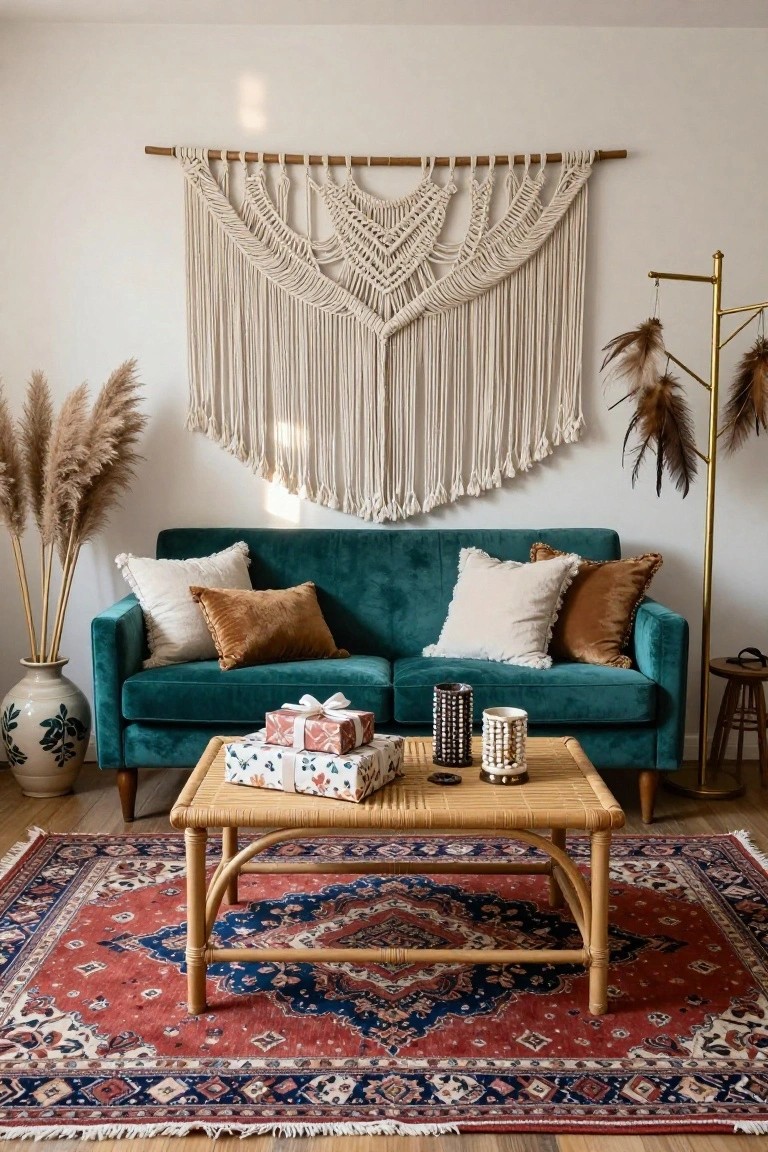A boho living room with a teal velvet sofa, rattan coffee table holding stacked wrapped Christmas gifts and candles, macrame wall hanging, pampas grass, feather lamp, and red Persian rug on wood floor.